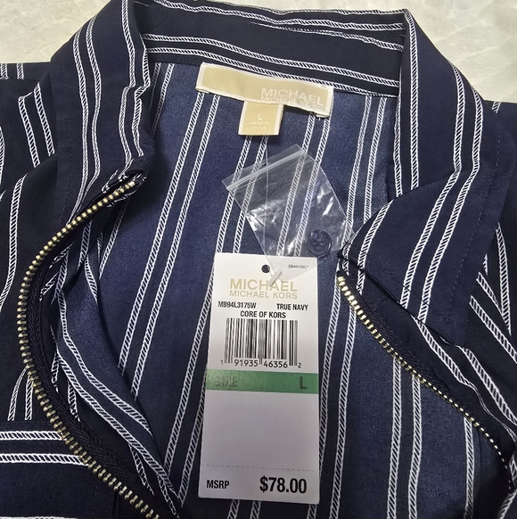Michael Kors Moria Striped Zip Top. Navy White. Size L - Picture 8 of 10